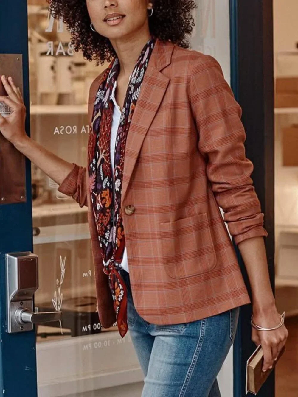 J. Jill Petite Plaid Knit Blazer Jacket Pink Blue Stretch Career Casual - Picture 1 of 9
